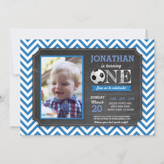 サッカーパーティー足の第1回誕生日フォト招待状 招待状 (正面)