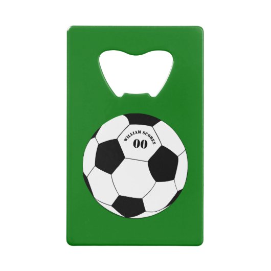 サッカーパーティー、サッカーのボール（名前と番号） クレジットカード栓抜き (正面)