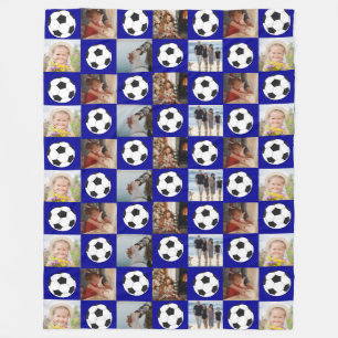 サッカーファミリーコラージュ写真パターンブルー フリースブランケット