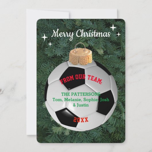 サッカーファンパーソナライズされたオーナメントクリスマスカード サンキューカード (正面)