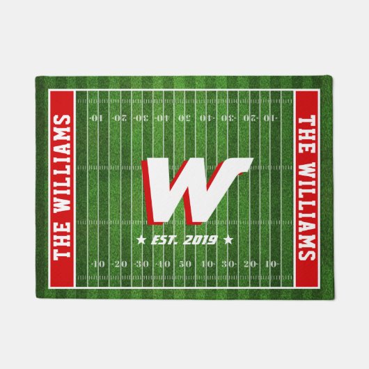 サッカーファンファミリーモノグラム|カスタム色|赤 ドアマット (正面)