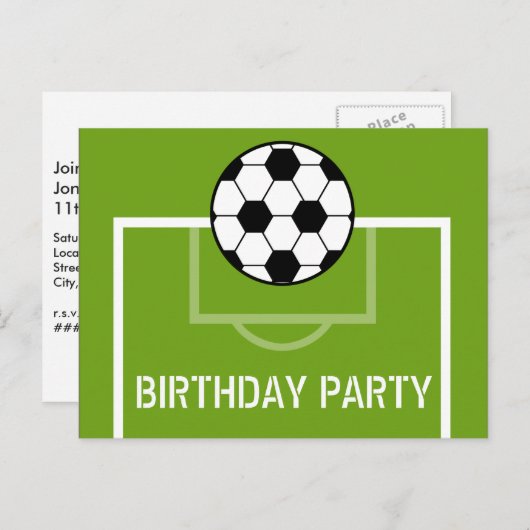 サッカーフィールド誕生日はがき招待状紫 インビテーションポストカード (正面/裏面)