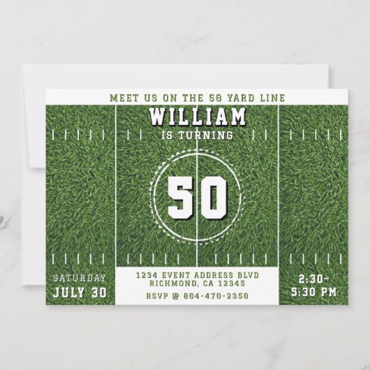 サッカーフィールド50ヤード線50th誕生日パーティー 招待状 (正面)