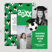 サッカーフォト 卒業おめでとう スポーツ グリーン 白 発表 招待状 (正面/裏面)