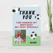 サッカーフットボールボールスポーツ子供の誕生日写真 サンキューカード (正面)