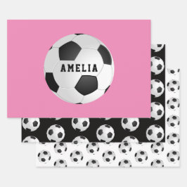 サッカーフットボールボール キッズ 名前 ピンク 誕生日 ラッピングペーパーシート