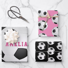 サッカーフットボールボール キッズ 名前 ピンク 誕生日 ラッピングペーパーシート