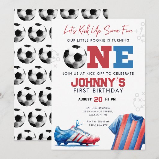 サッカーフットボール1歳誕生日 招待状 (正面/裏面)