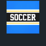 サッカーブライトブルー白黒黄ストライプ色 キャンバスプリント<br><div class="desc">カラフルスポーティなデザインはっきりしたは、明るい青の外側の文字に対して白と金色の黄色のレースストライプと広い黒の水平な中心ストライプの中にサッカーのストライプを備えている。この文字はパーソナライズされた、</div>