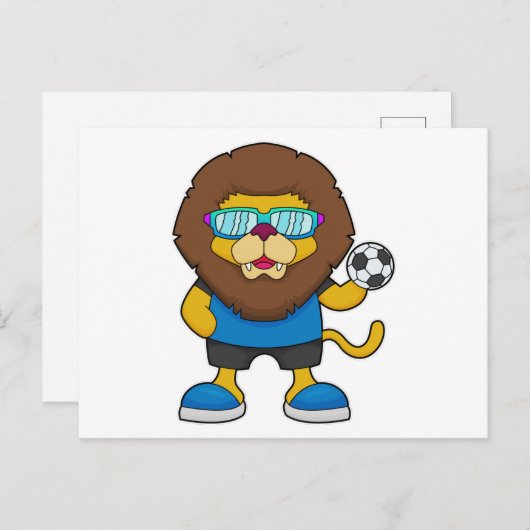 サッカープレーヤーのライオンとサッカーボール ポストカード (正面/裏面)