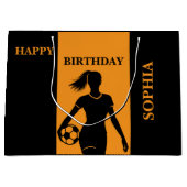 サッカープレーヤーガールブラックオレンジ誕生日 ラージペーパーバッグ (正面)