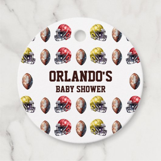 サッカーヘルメット及びボール赤ちゃんシャワー フェイバータグ (正面)