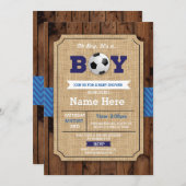 サッカーベビーシャワーボーイブルーウッドサッカー招待状 招待状 (正面/裏面)