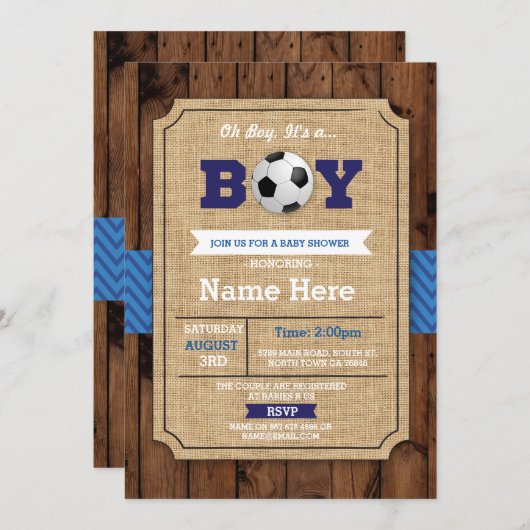 サッカーベビーシャワーボーイブルーウッドサッカー招待状 招待状 (正面/裏面)