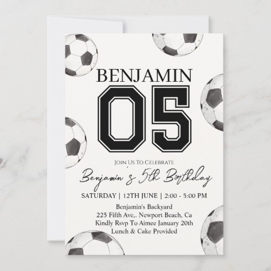 サッカーボーイ5番誕生日招待状 – サッカーパーティー 招待状 (正面)