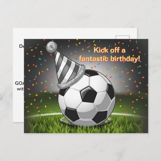 サッカーボールが誕生日帽子をかぶってコンフェッティが舞う誕生日 ポストカード (正面/裏面)