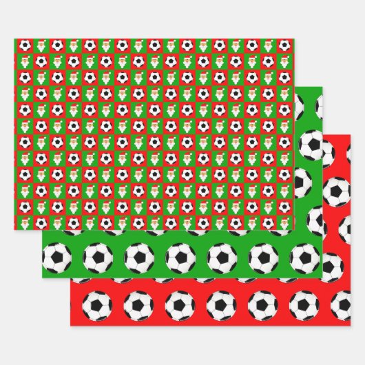 サッカーボールとサンタレッド&グリーンクリスマス ラッピングペーパーシート (セット)
