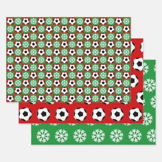 サッカーボールとスノーフレークレッドとグリーンクリスマス ラッピングペーパーシート (セット)