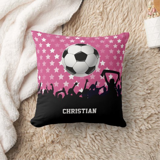 サッカーボールとファンをピンクに輝かせる クッション (ブランケット)