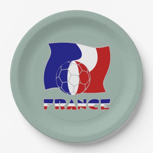 サッカーボールとフランス国旗のデザイン - くすんだ緑色の背景 ペーパープレート (正面)
