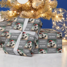 サッカーボールにサンタの帽子 楽しいクリスマス ラッピングペーパー