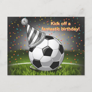 サッカーボールに誕生日帽子をかぶせたコンフェッティ誕生日 ポストカード