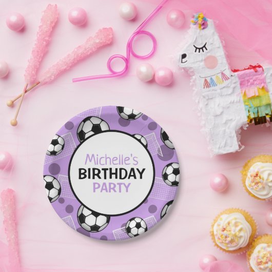 サッカーボールのゴールの紫色のパーソナライズな紙皿 ペーパープレート (パーティー)