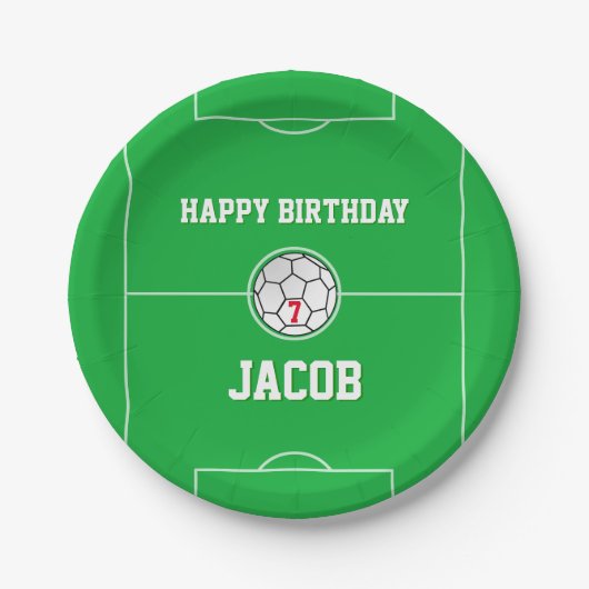 サッカーボールのサッカー競技場のパーソナライズな誕生日 ペーパープレート (正面)