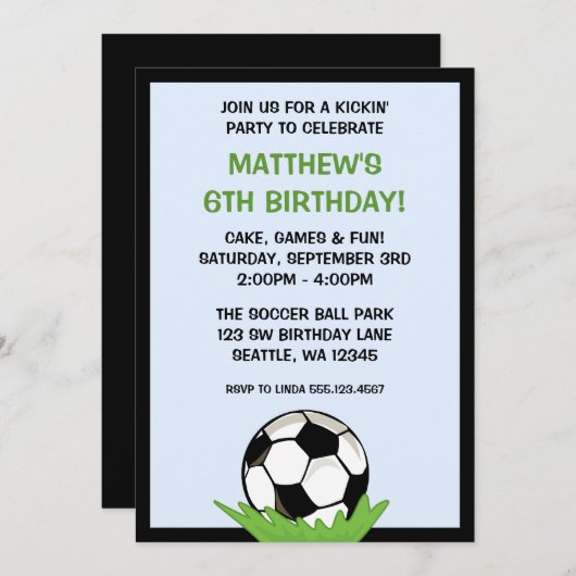 サッカーボールのバースデーパーティ招待状 招待状 (正面/裏面)