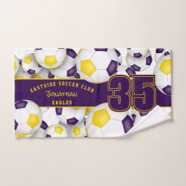 サッカーボールの多くのチームアスリート名パープル金ゴールド ハンドタオル
