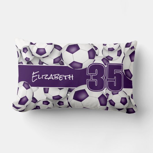 サッカーボールの多くの紫色のスポーツルームの装飾 ランバークッション (正面)