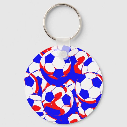 サッカーボールの赤と白の抽象芸術 キーホルダー (正面)