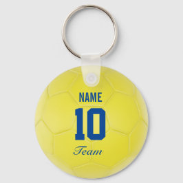 サッカーボールの黄パーソナライズされた青 キーホルダー
