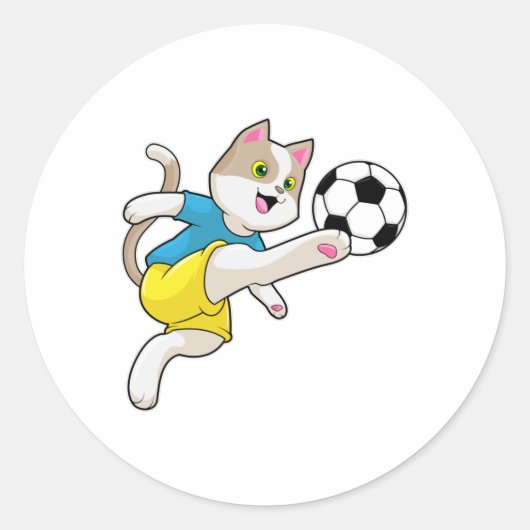 サッカーボールを持ったサッカー選手としての猫 ラウンドシール (正面)