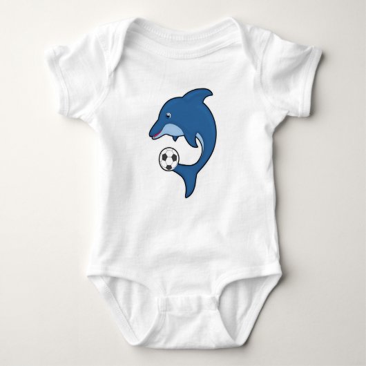 サッカーボールを持つサッカー選手としてのイルカ ベビーボディスーツ (正面)