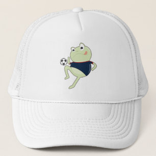 サッカーボールを持つサッカー選手としてのカエル キャップ