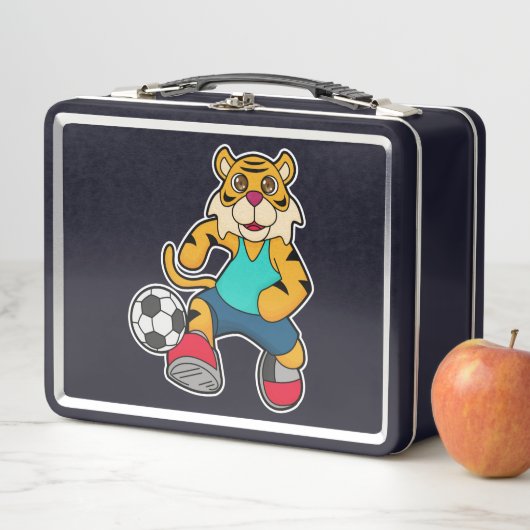 サッカーボールを持つサッカー選手のタイガー メタルランチボックス (インサイチュ)