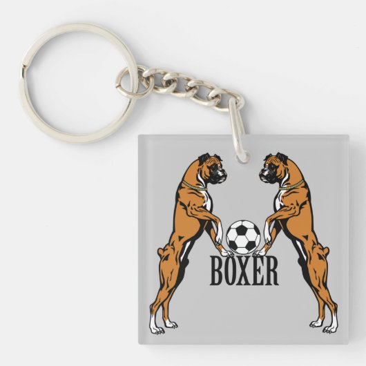 サッカーボールを持つボクサー犬 キーホルダー (正面)