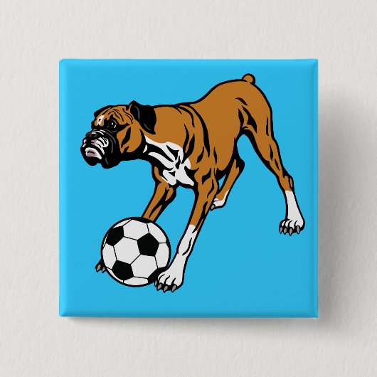 サッカーボールを持つボクサー犬 缶バッジ (正面)