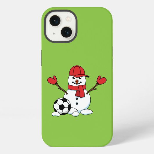 サッカーボールを持つユーモラスな雪だるま iPhoneケース (裏面)