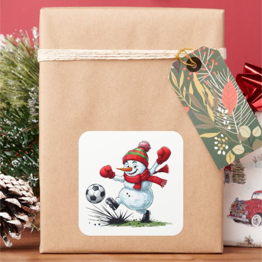 サッカーボールを蹴る雪だるま スクエアシール (クリスマス)