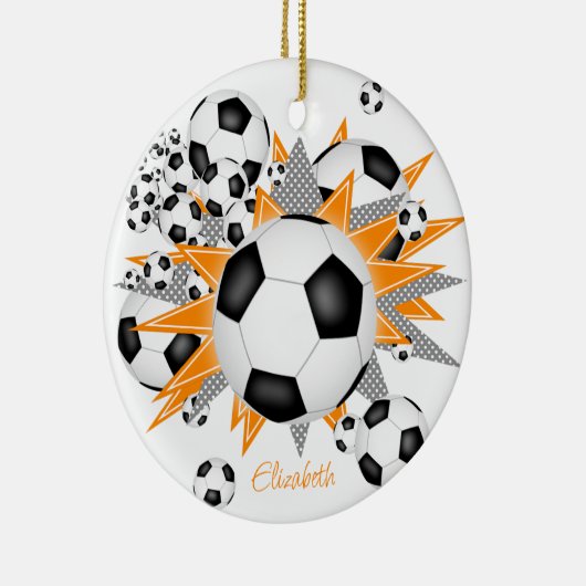 サッカーボールオレンジ色のグレー星女の子スポーツ セラミックオーナメント (右)