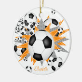 サッカーボールオレンジ色のグレー星女の子スポーツ セラミックオーナメント (左)