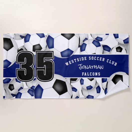 サッカーボールカスタムの多くのチーム名blue black ビーチタオル (正面)