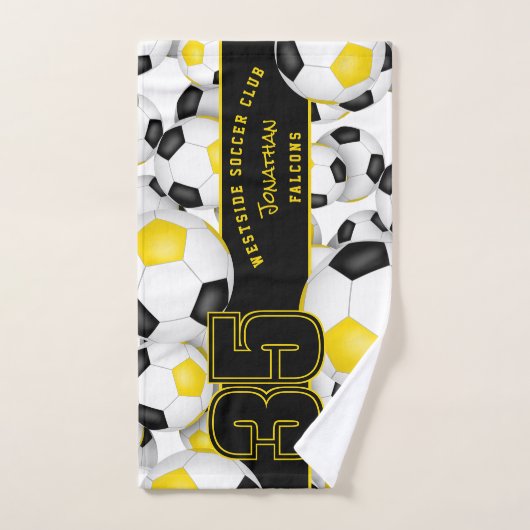 サッカーボールカスタムの多くはチーム名ブラック金ゴールド ハンドタオル (ハンドタオル)