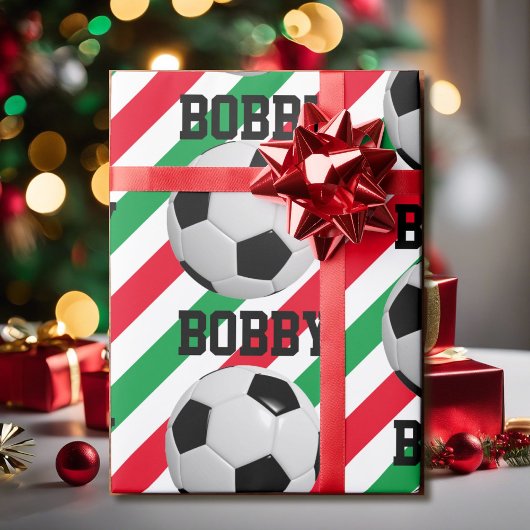 サッカーボールクリスマスアドストライプネーム赤n緑 ラッピングペーパー