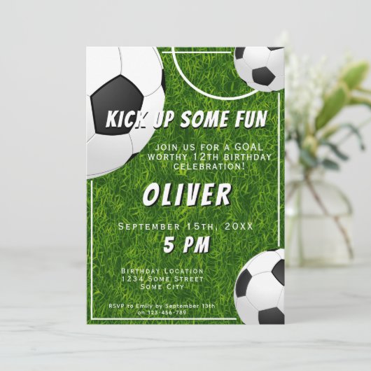 サッカーボールサッカーグラススポーツ子供の誕生日 招待状 (スタンド正面)