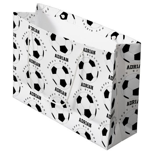 サッカーボールサッカーパーソナライズされたネーム誕生日 ラージペーパーバッグ (正面アングル)