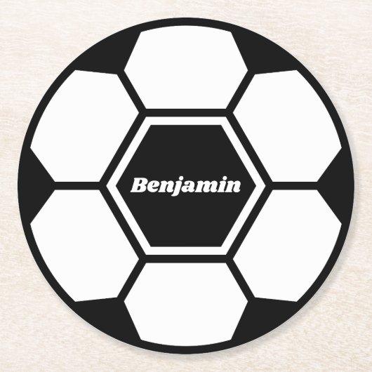 サッカーボールサッカー名前をカスタムするクラシック ラウンドペーパーコースター (正面)