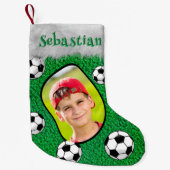 サッカーボールサッカー選手サッカーコーチ写真名 スモールクリスマスストッキング (正面)